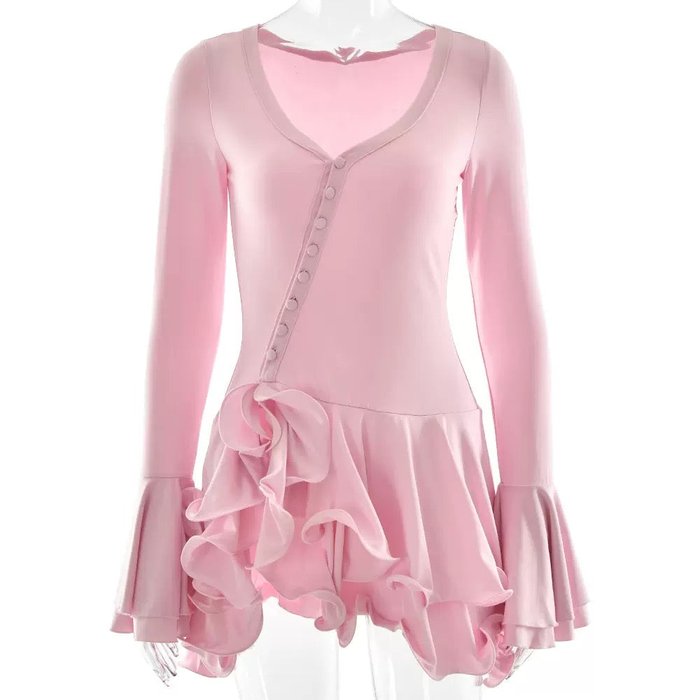 Flower edge long sleeve mini dress