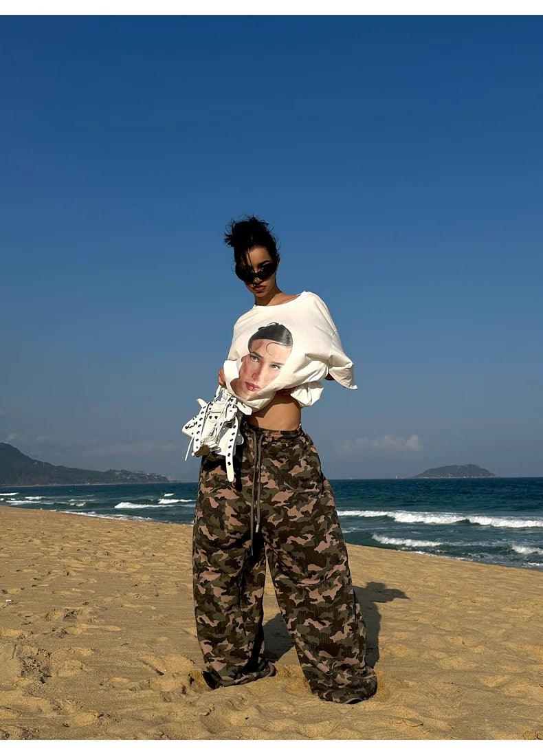 Camouflage print wide-leg pants