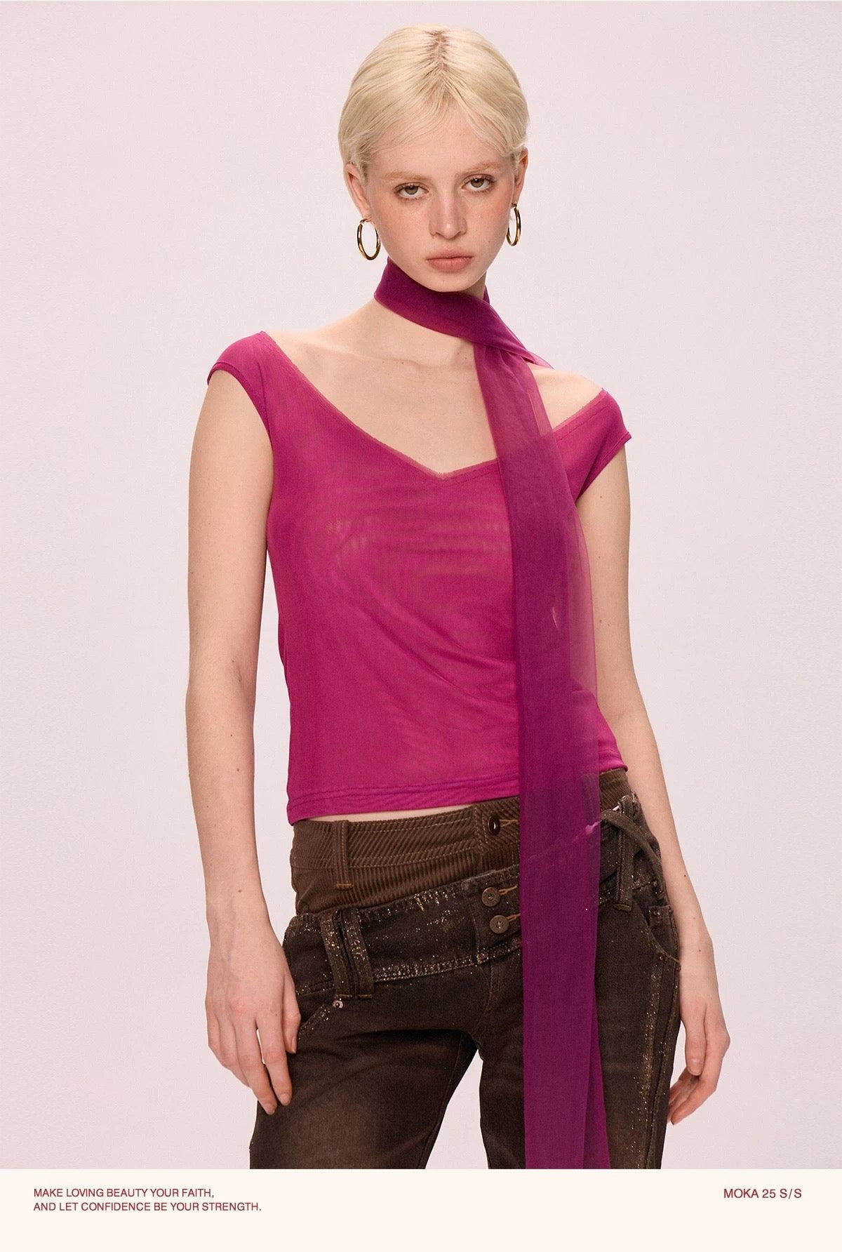V-neck with scarfs mesh top pink