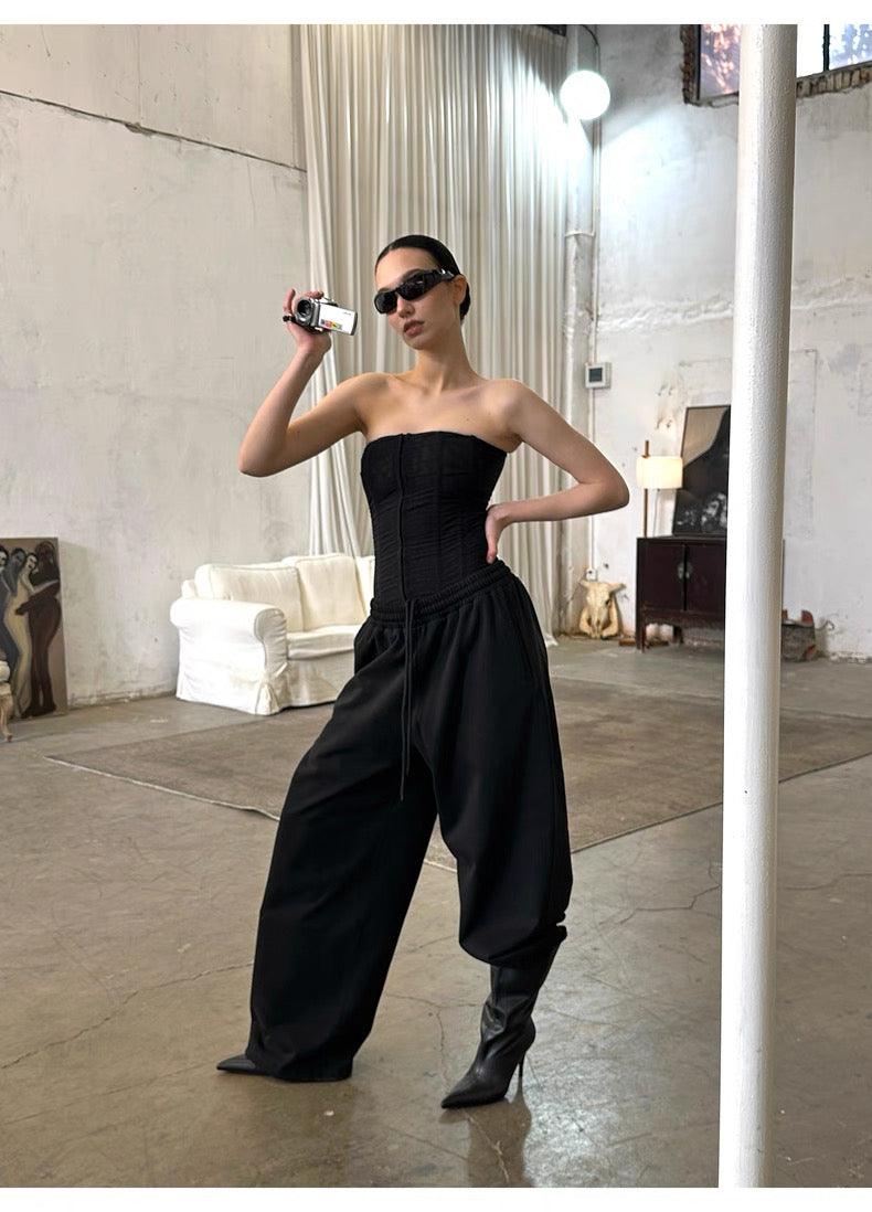 Black Drawstring Straight Pants