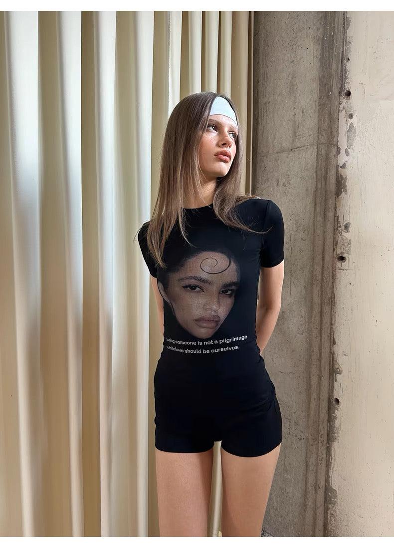 Black Portrait Print T-Shirt