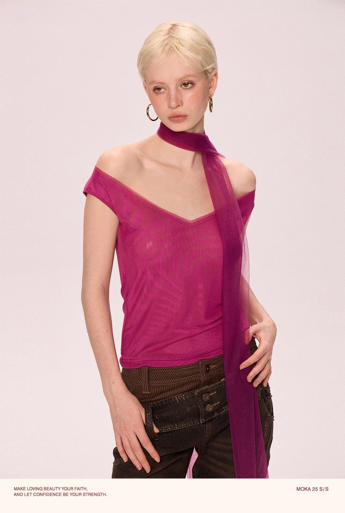 V-neck with scarfs mesh top pink