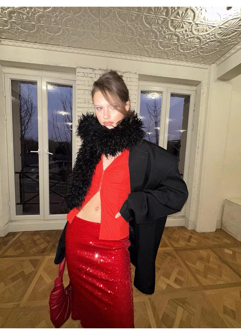 Red Slim Top Sequined Hips Fishtail Skirt Set
