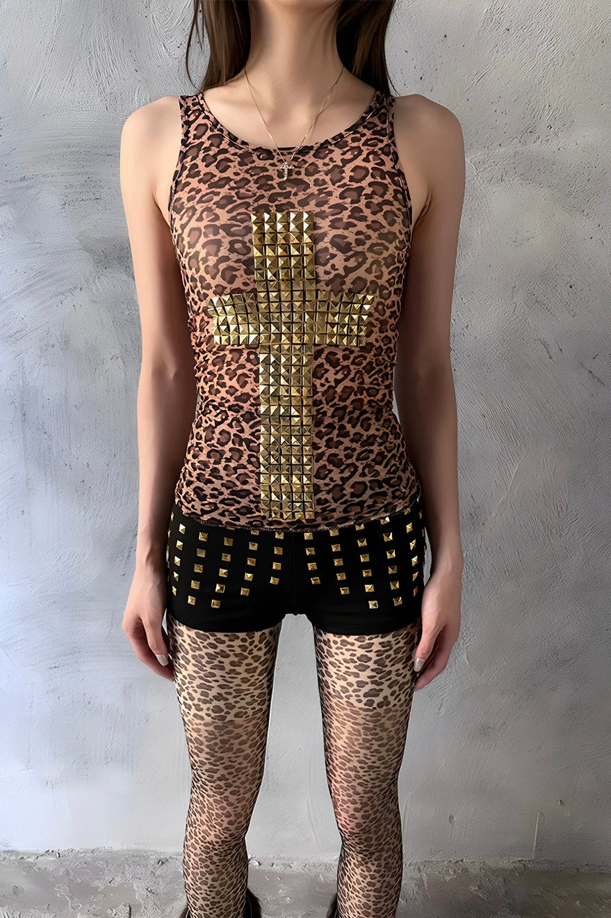 Gold Rivet Large Cross Leopard Print Vest