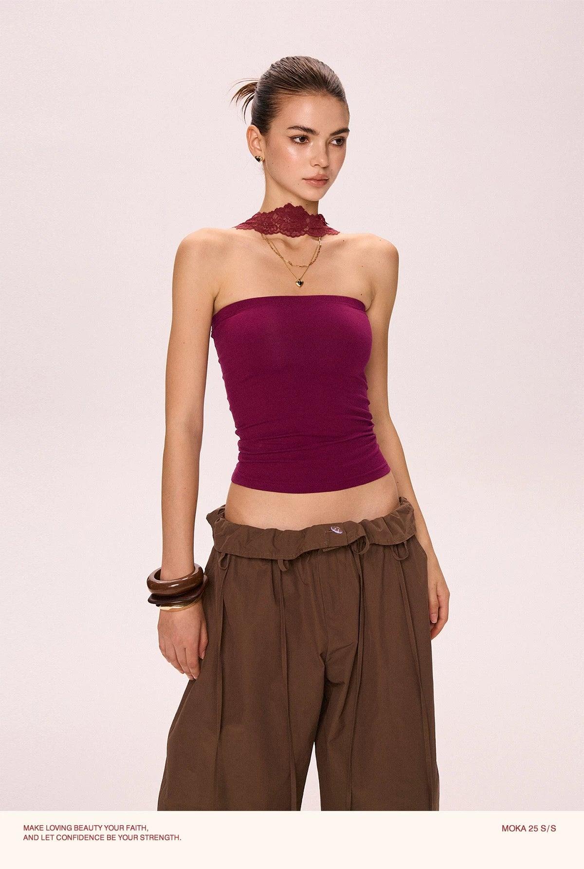 lace halterneck tube top purple
