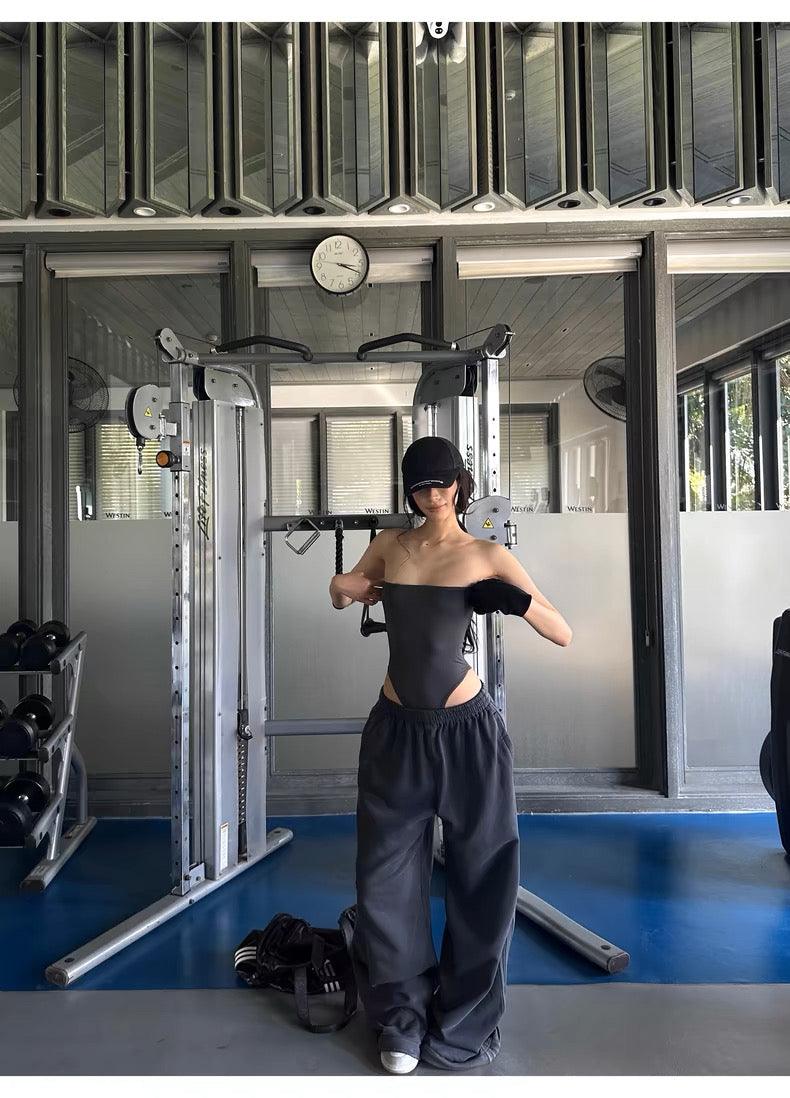 Grey one-piece tube top drawstring sweatpants set