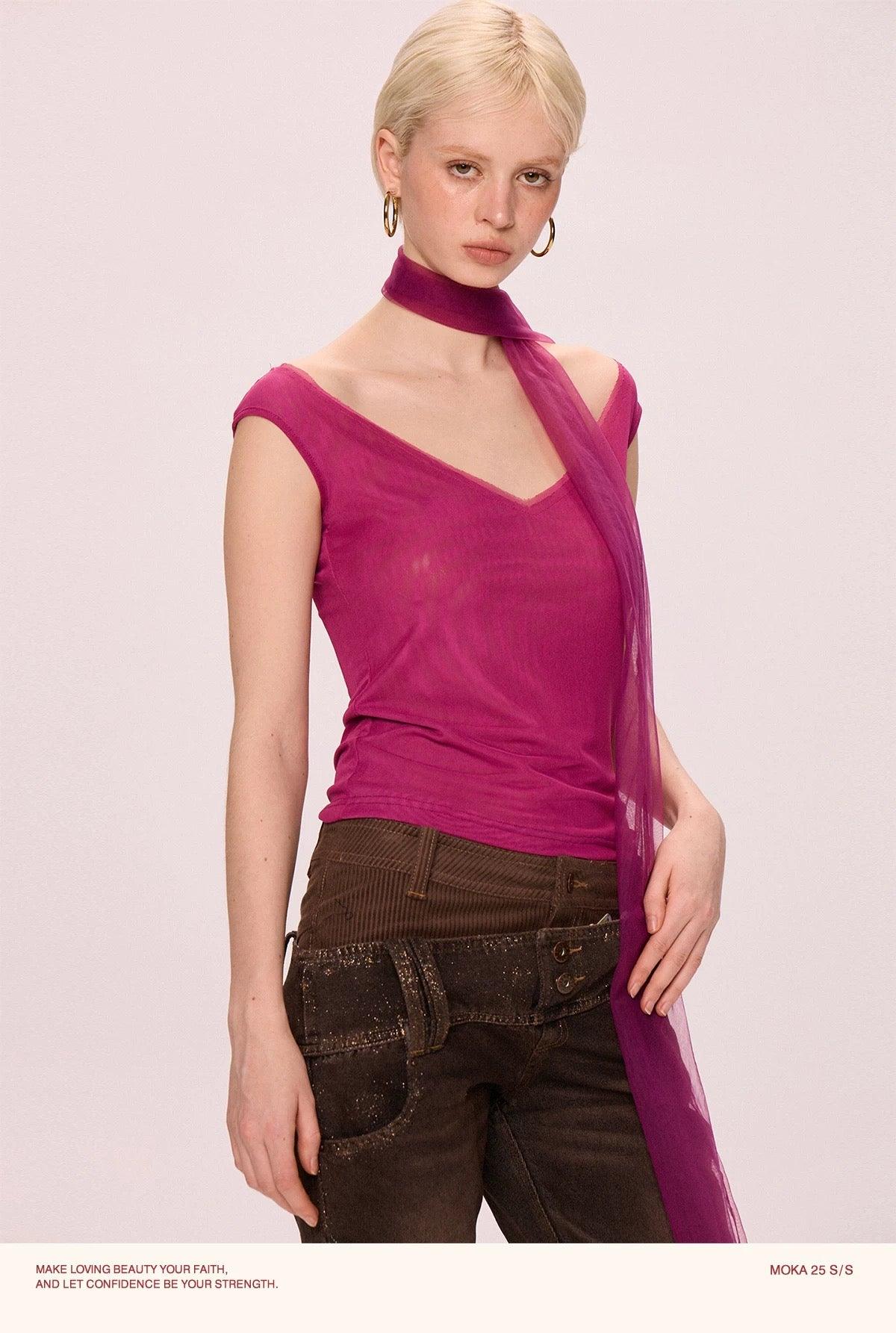 V-neck with scarfs mesh top pink