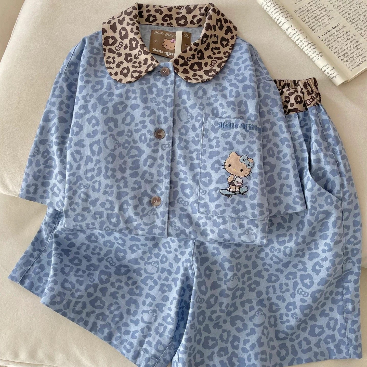 Blue Leopard Print Hellokitty Pajama Set