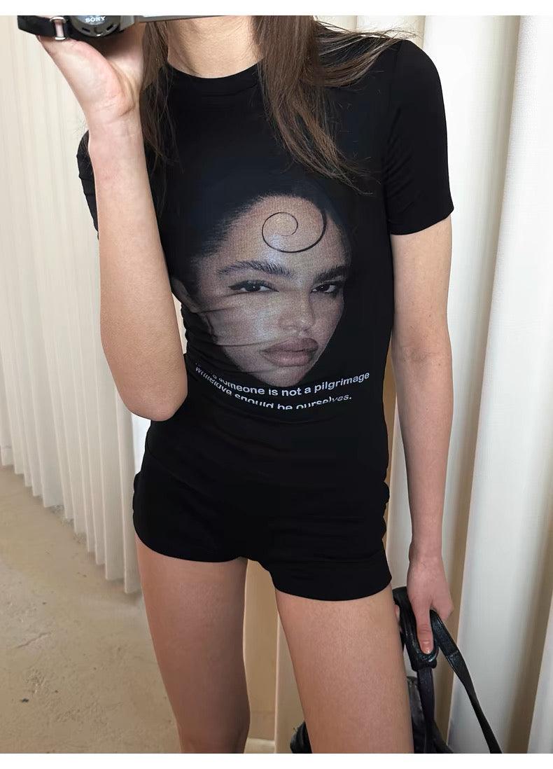 Black Portrait Print T-Shirt