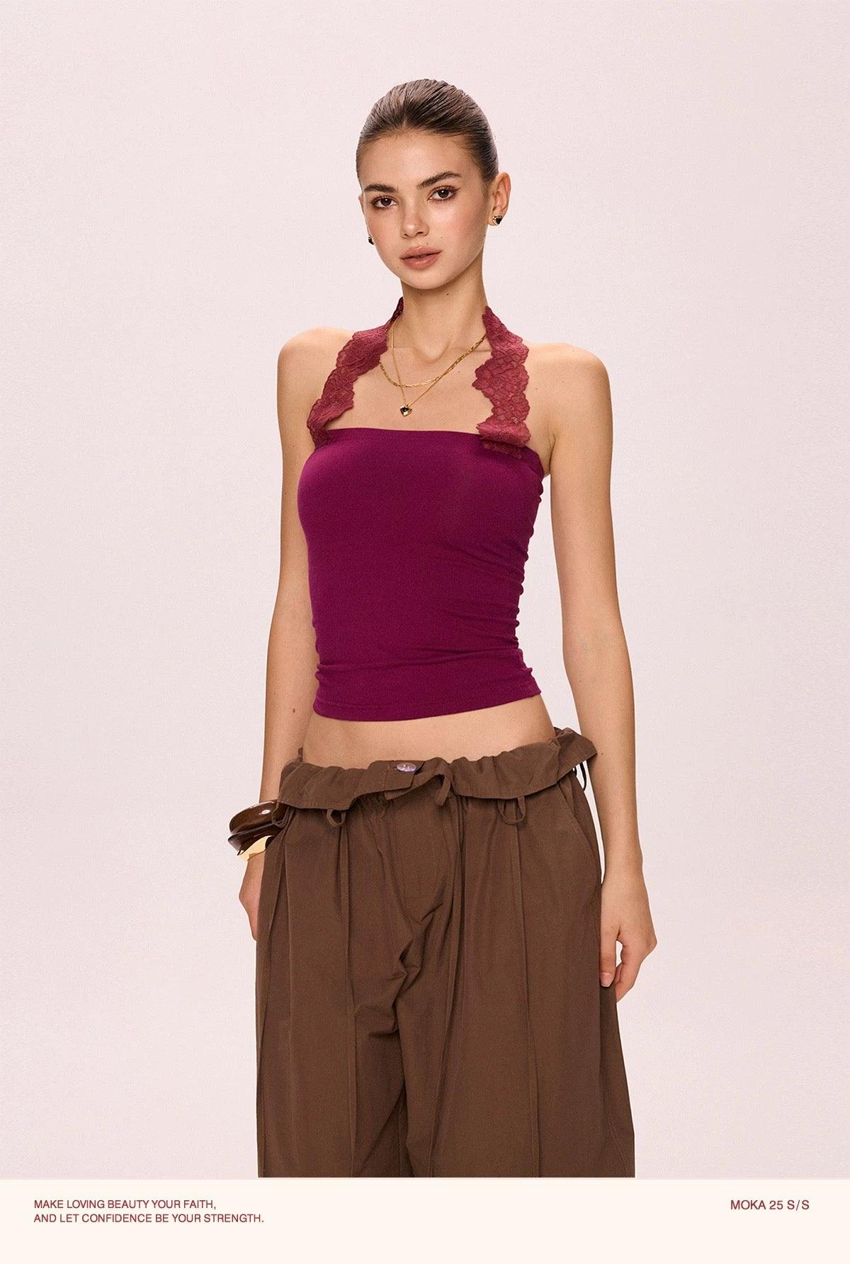 lace halterneck tube top purple