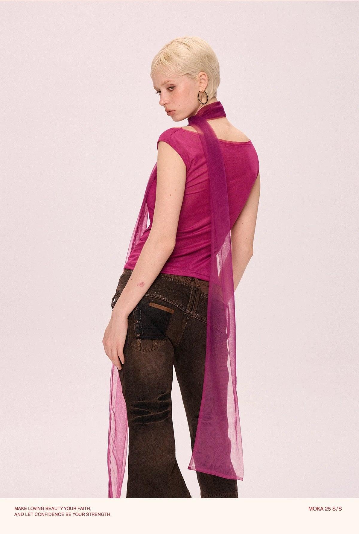 V-neck with scarfs mesh top pink