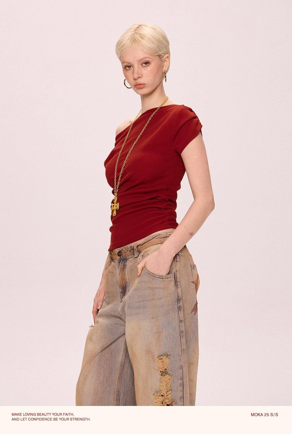 one shoulder top red