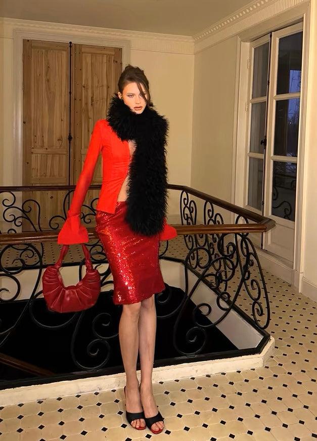 Red Slim Top Sequined Hips Fishtail Skirt Set