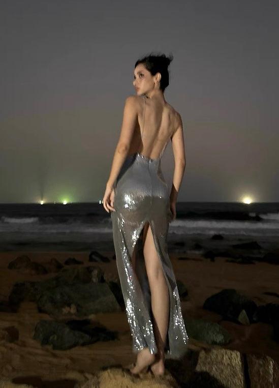 V-neck suspender dress sequined backless