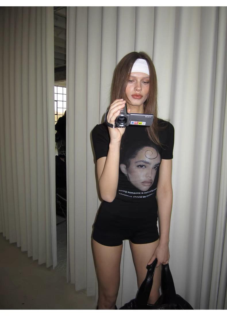 Black Portrait Print T-Shirt