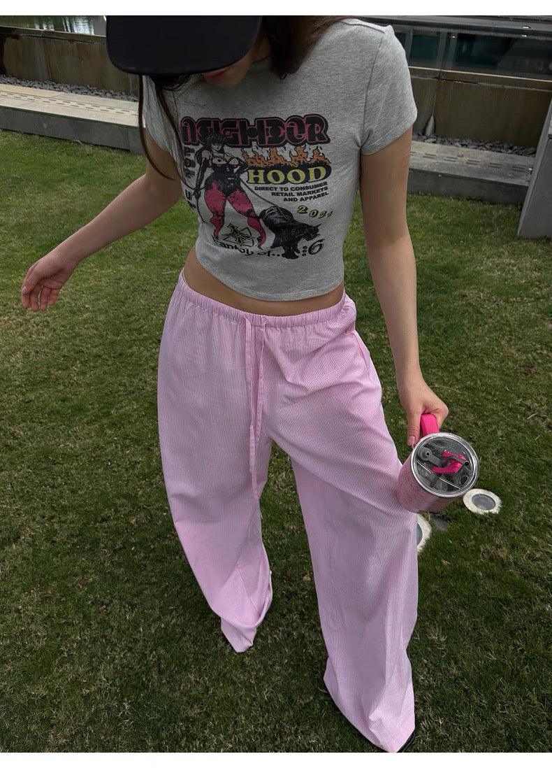 Striped wide-leg slacks pink