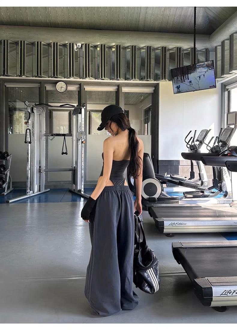 Grey one-piece tube top drawstring sweatpants set
