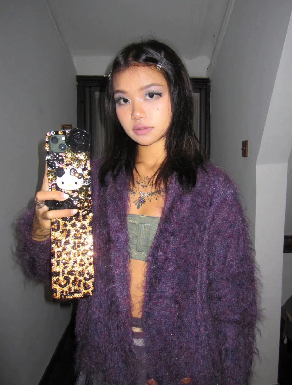 Leopard Print Hellokitty Handmade Rhinestone Flip Phone Case