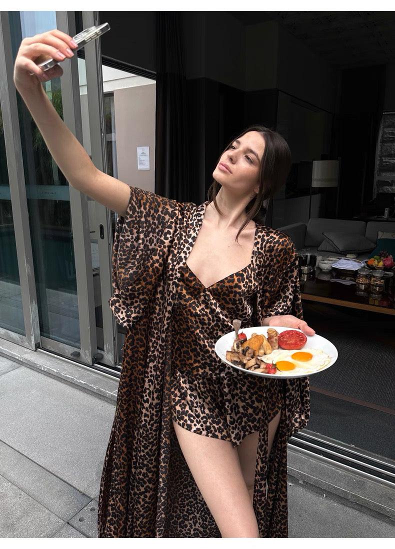 Leopard print long coat sexy pajama set