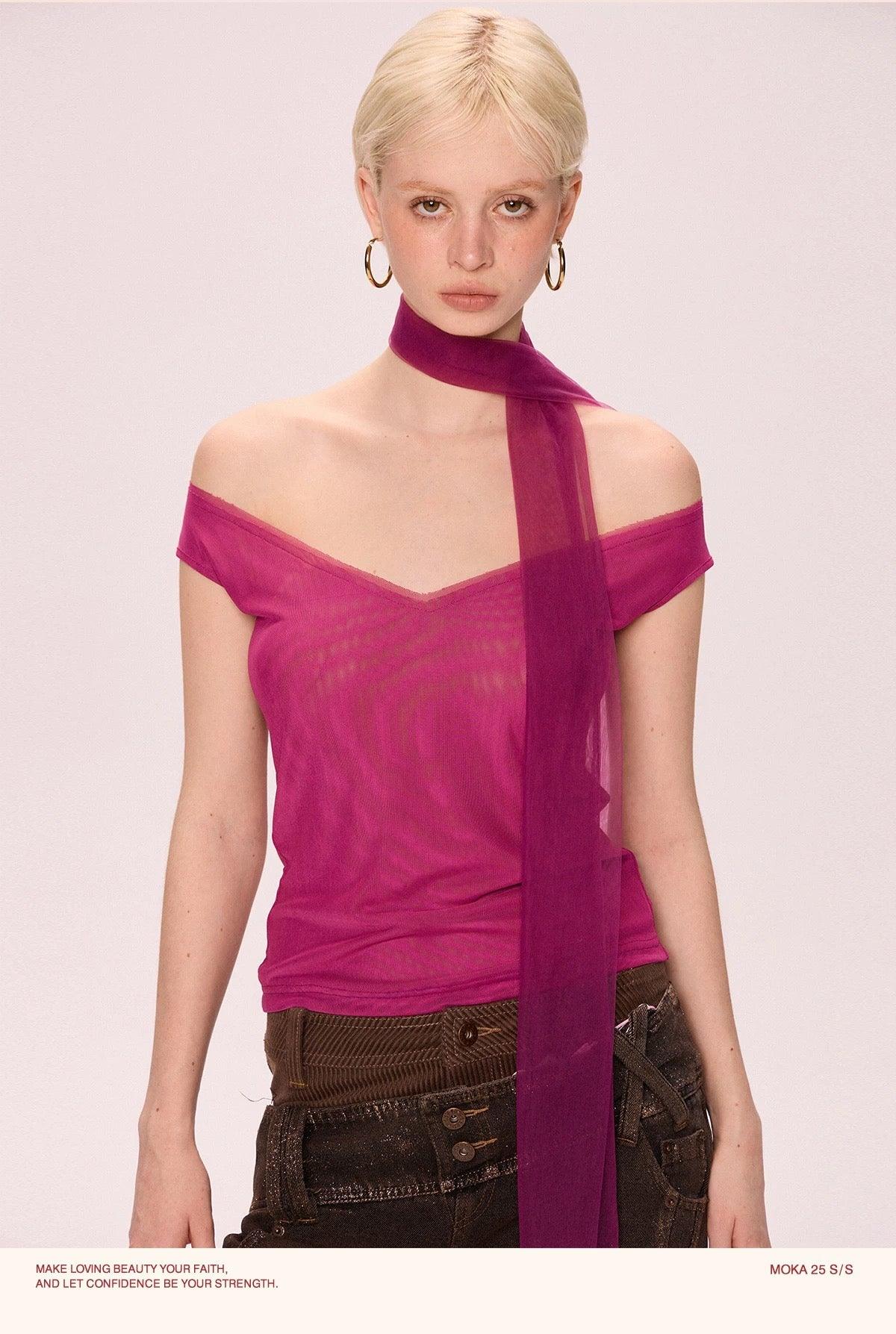 V-neck with scarfs mesh top pink