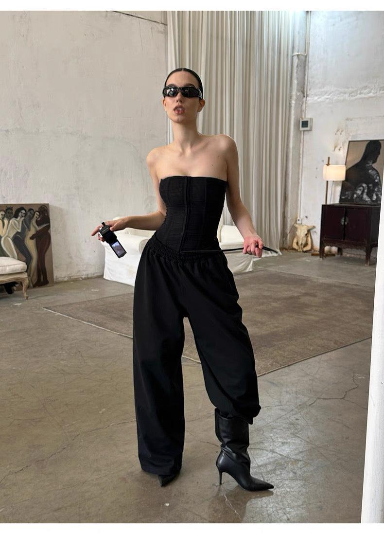 Black Drawstring Straight Pants