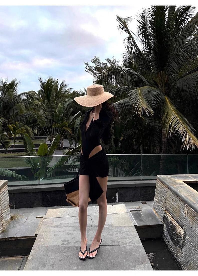 Black v-neck dress irregular