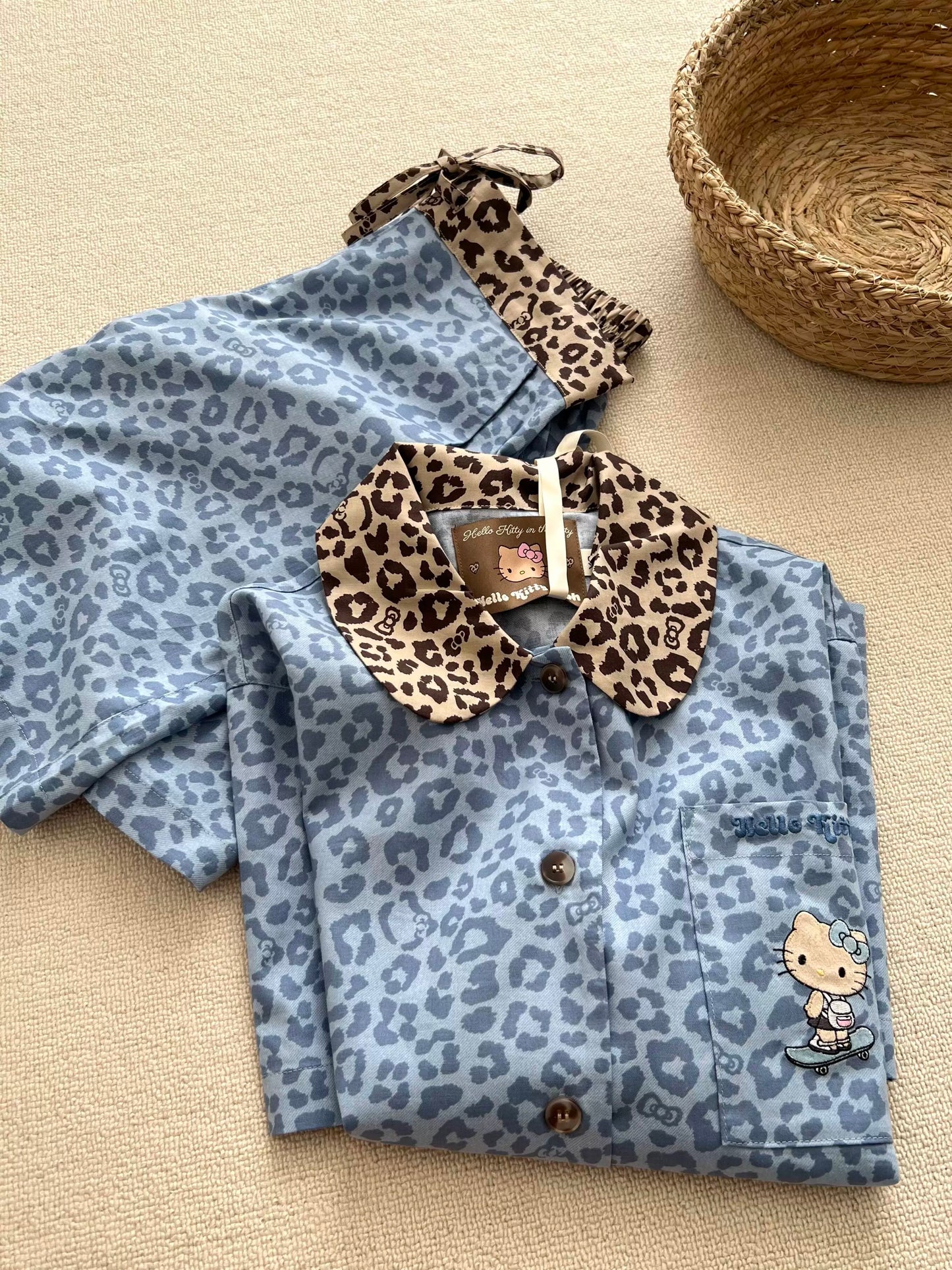 Blue Leopard Print Hellokitty Pajama Set