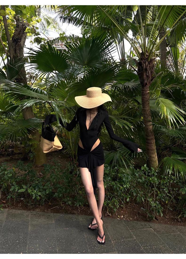 Black v-neck dress irregular