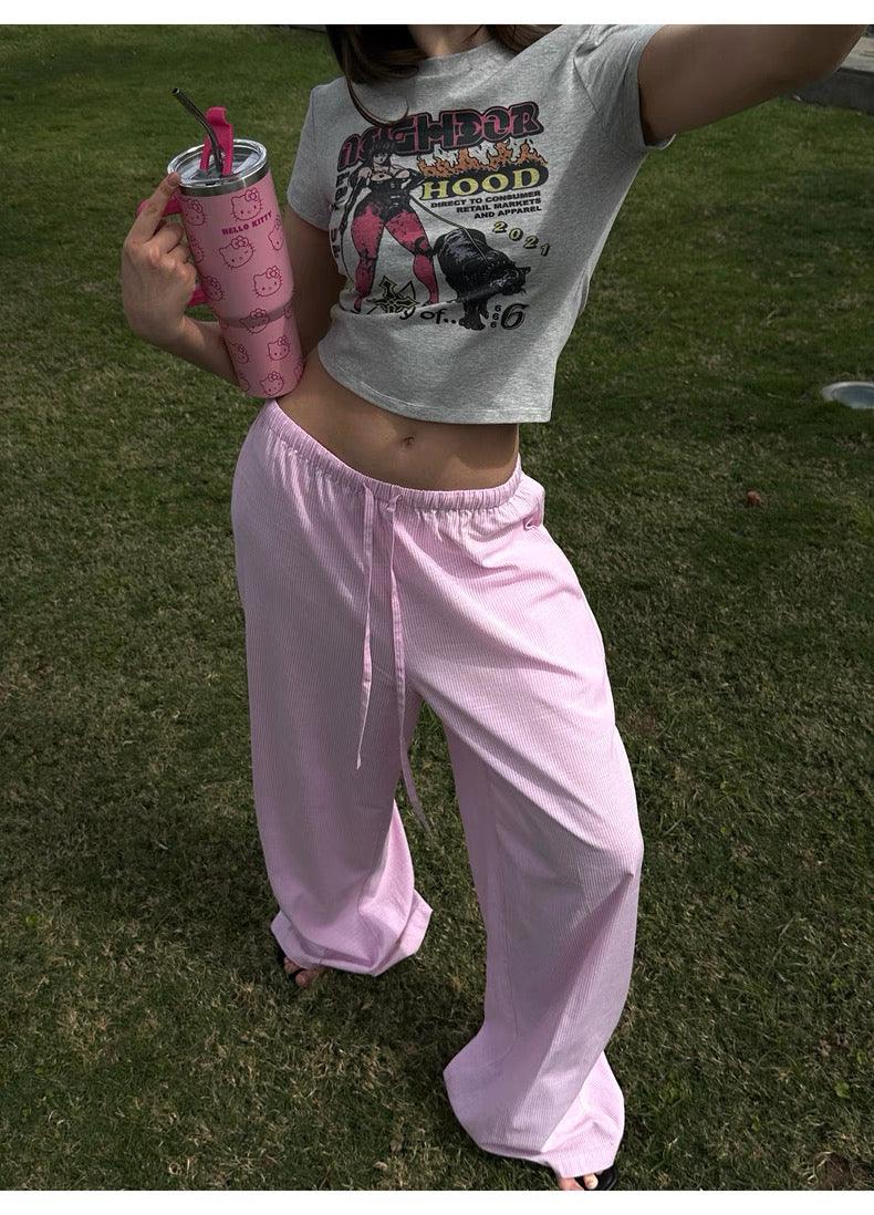 Striped wide-leg slacks pink