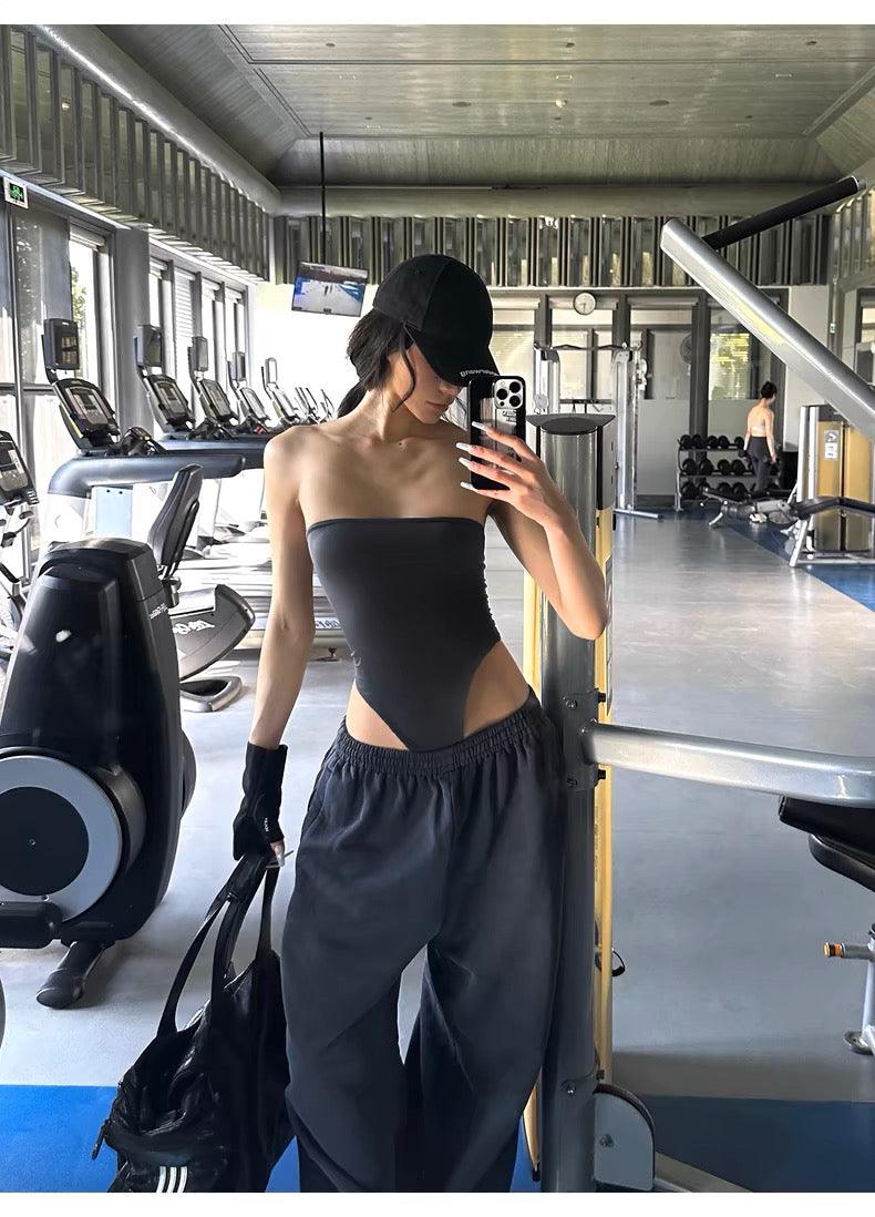 Grey one-piece tube top drawstring sweatpants set