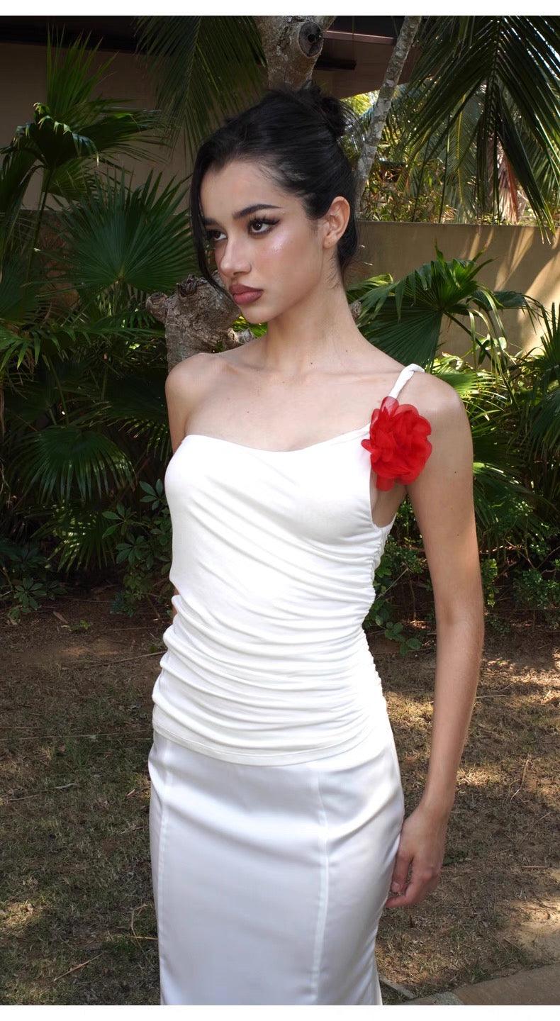 White slanted shoulder pleated suspender fishtail skirt set