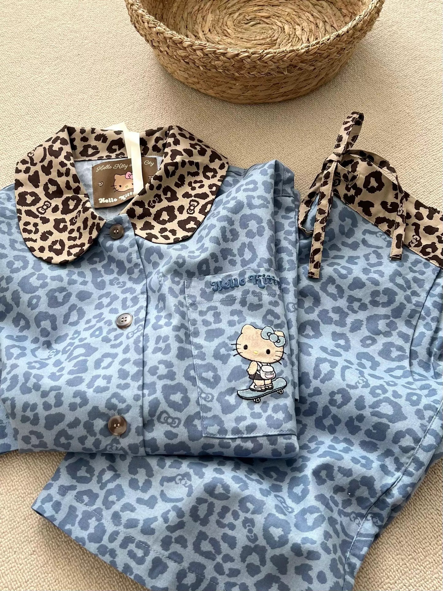Blue Leopard Print Hellokitty Pajama Set
