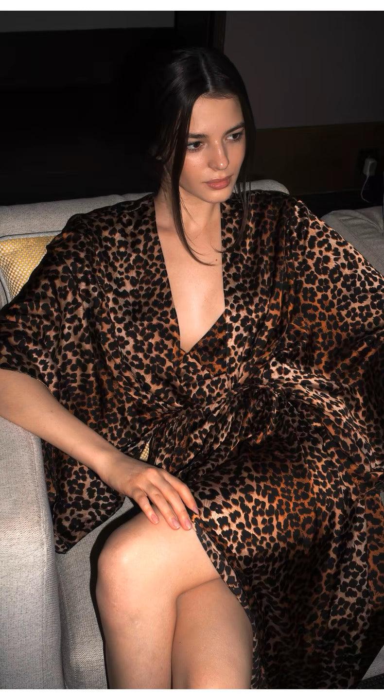 Leopard print long coat sexy pajama set