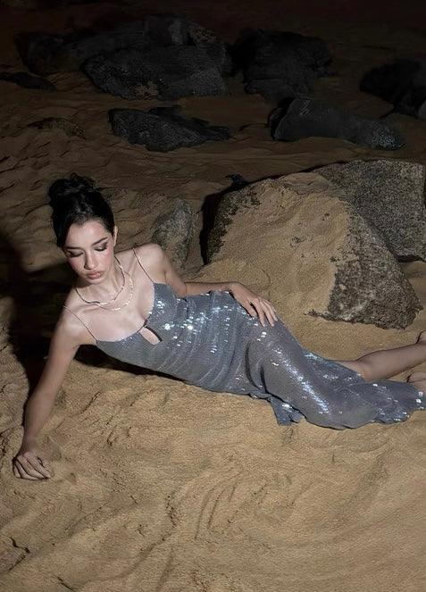 V-neck suspender dress sequined backless