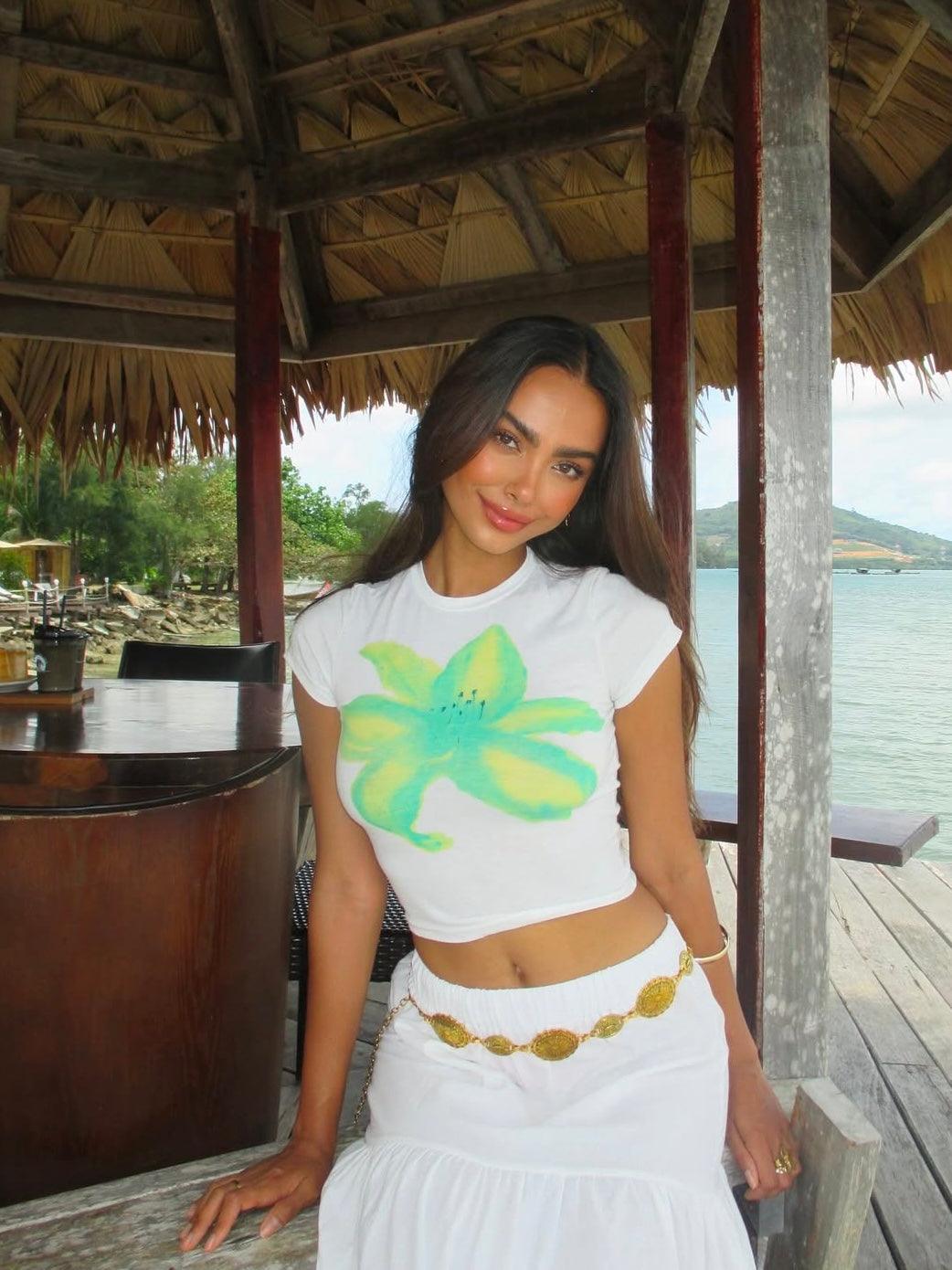 green flower tee white