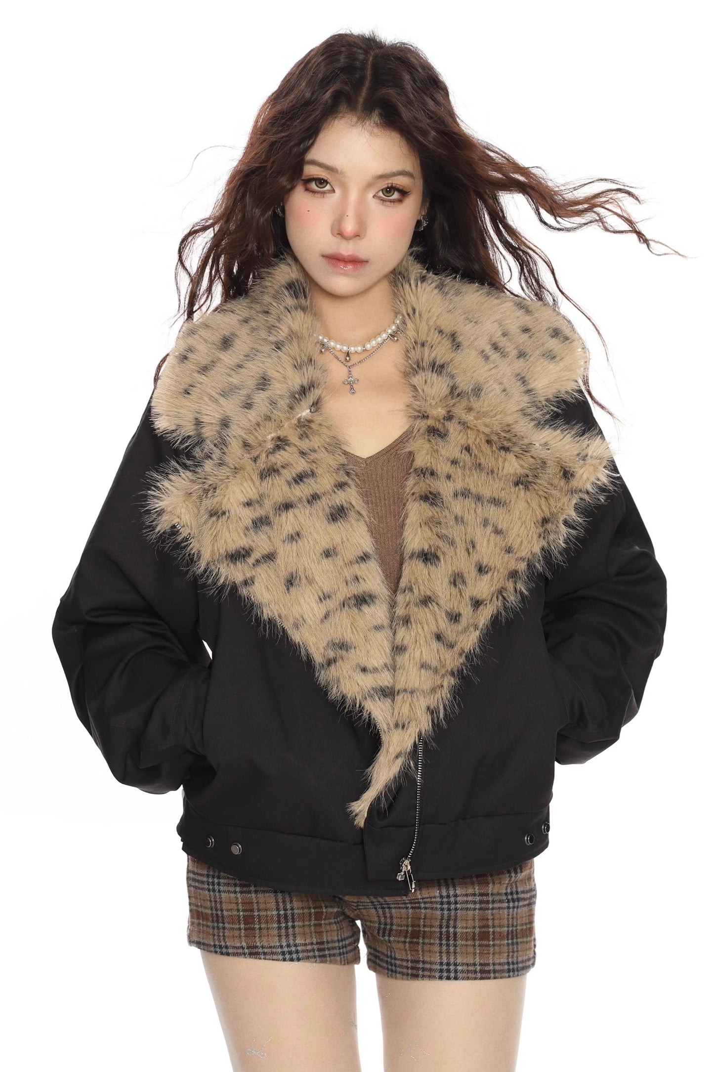 Leopard print fur collar patchwork lapel cotton jacket