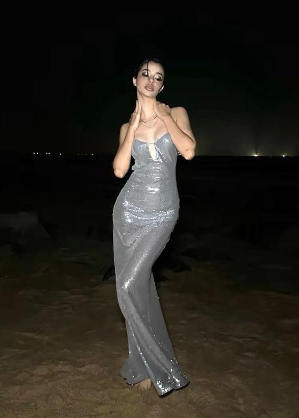 V-neck suspender dress sequined backless