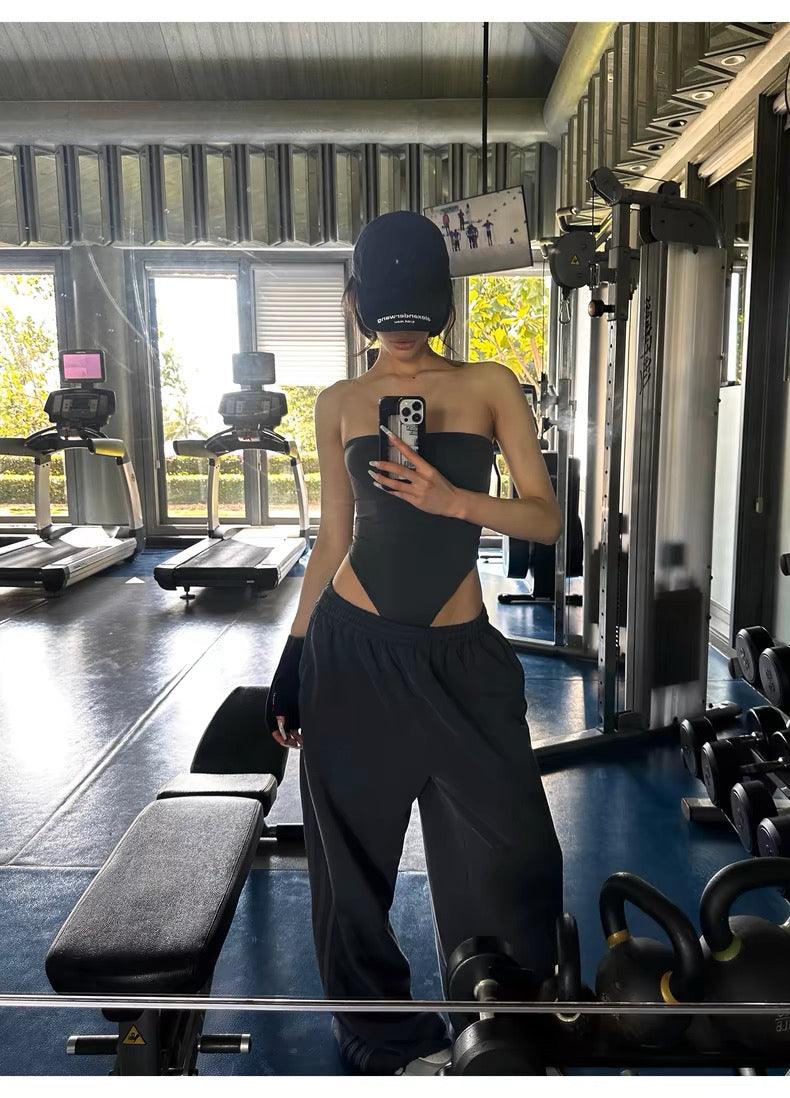 Grey one-piece tube top drawstring sweatpants set