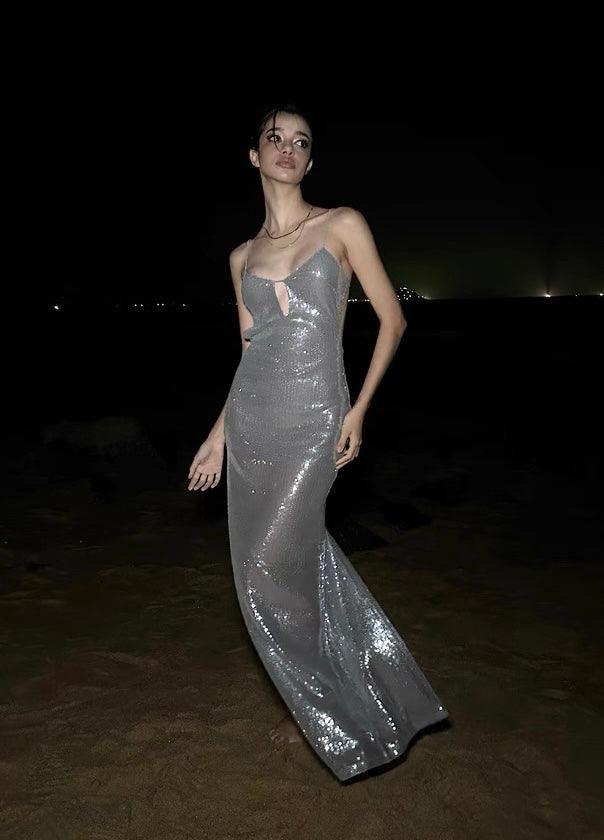 V-neck suspender dress sequined backless
