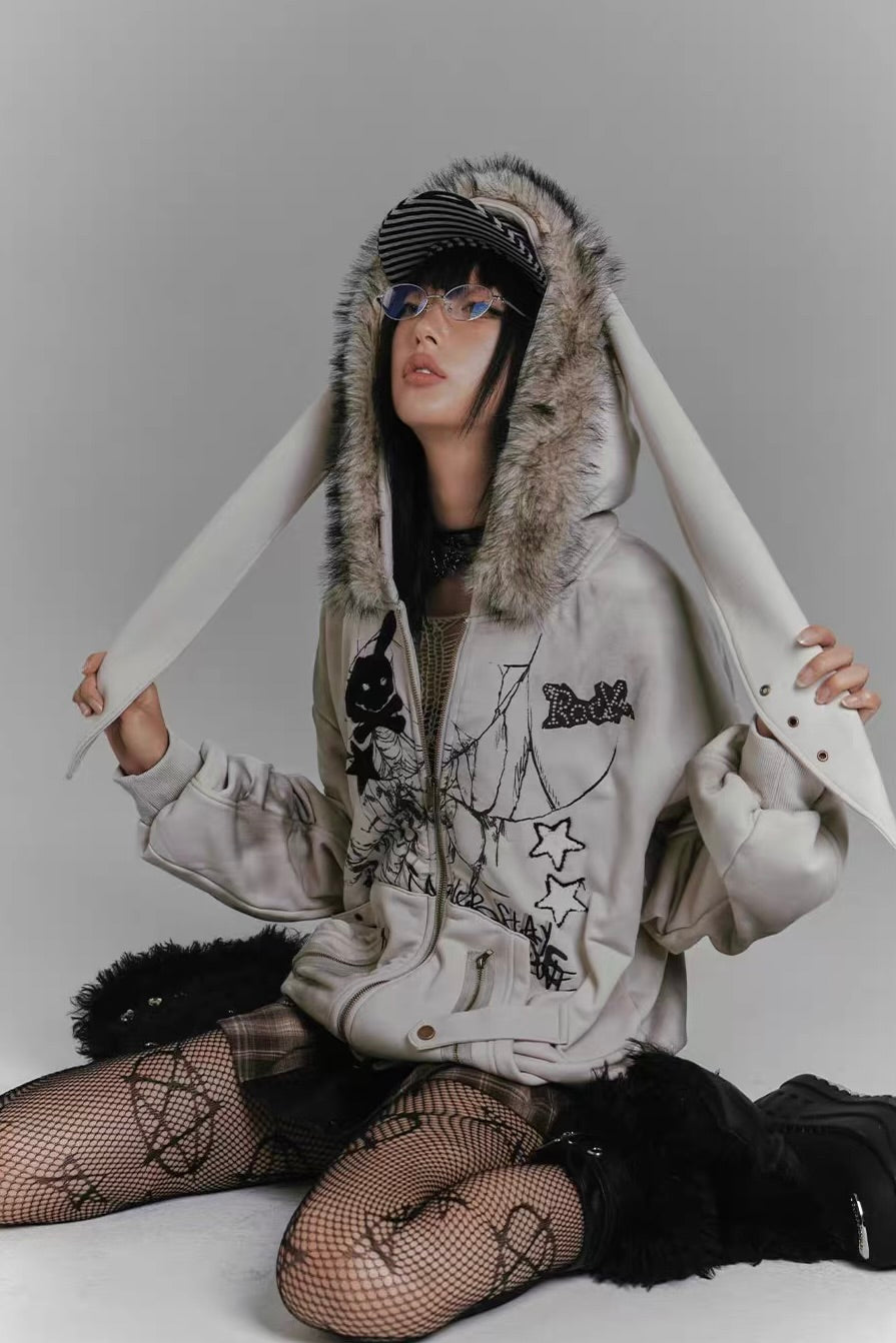 Rabbit ear hooded jacket, grey cotton coat