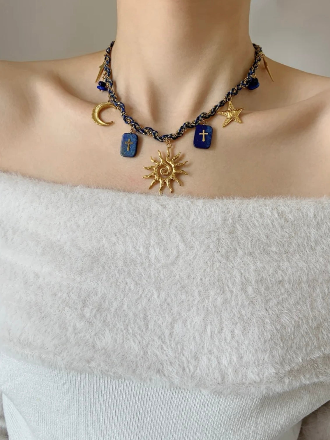Harley hand woven sun lapis lazuli necklace