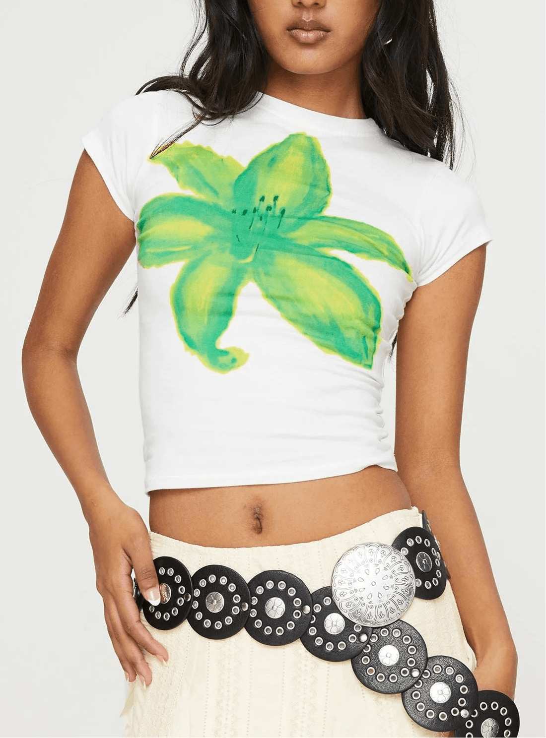 green flower tee white