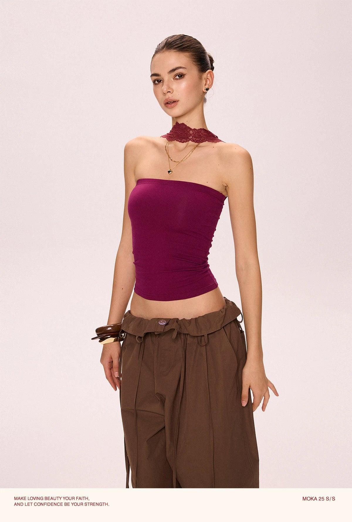 lace halterneck tube top purple