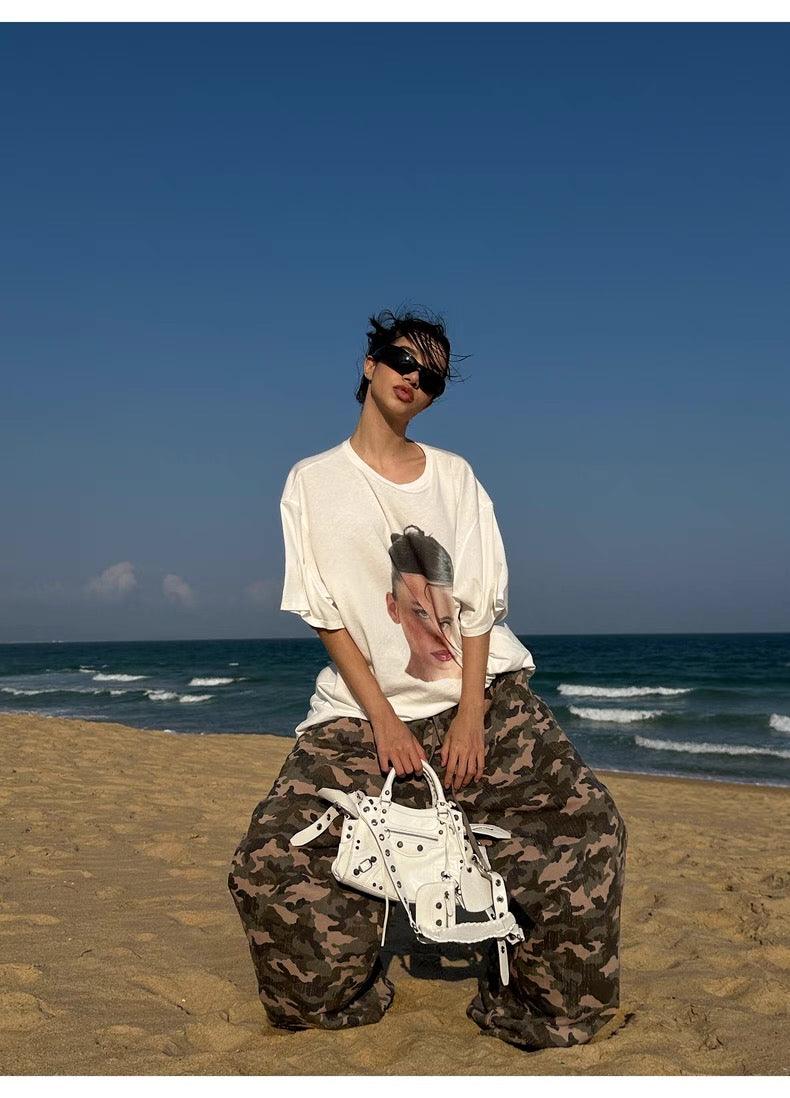 Camouflage print wide-leg pants