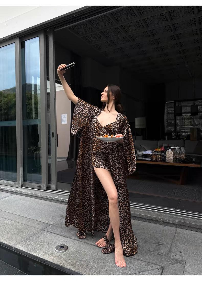 Leopard print long coat sexy pajama set