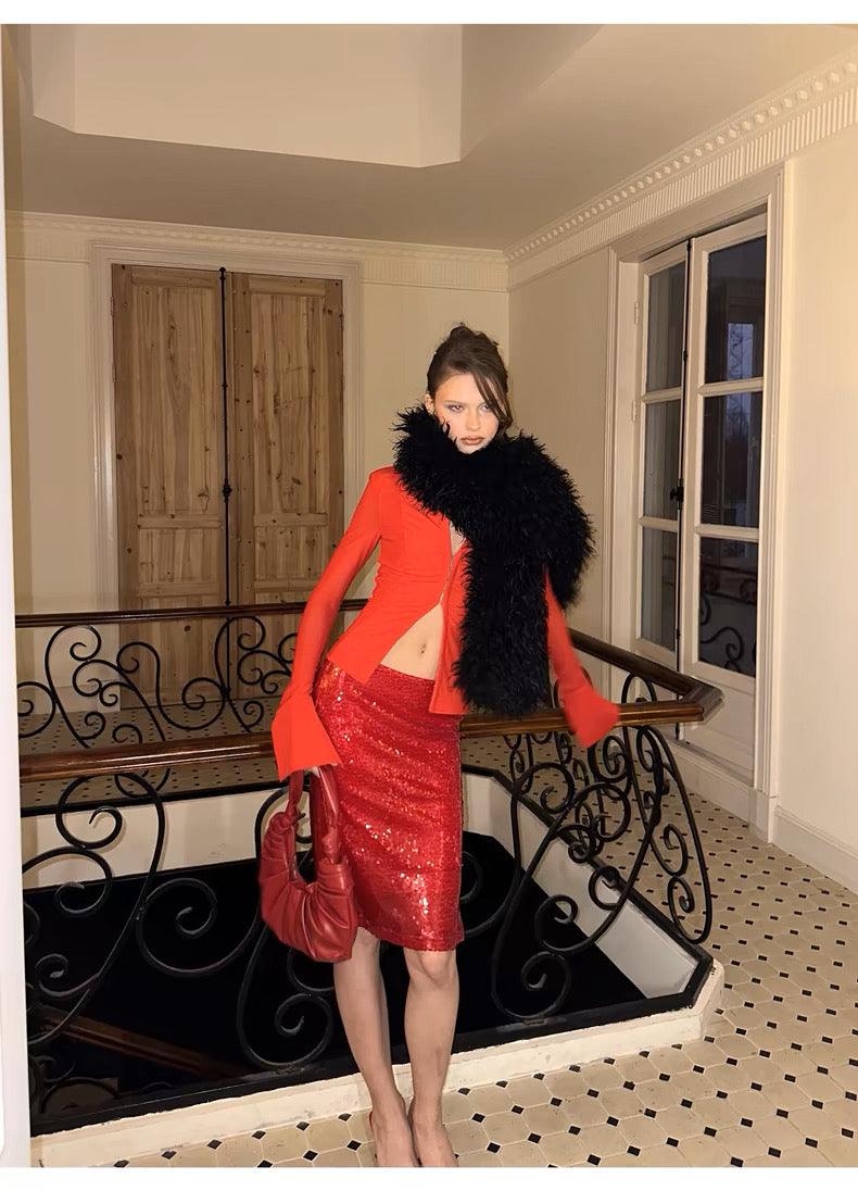 Red Slim Top Sequined Hips Fishtail Skirt Set