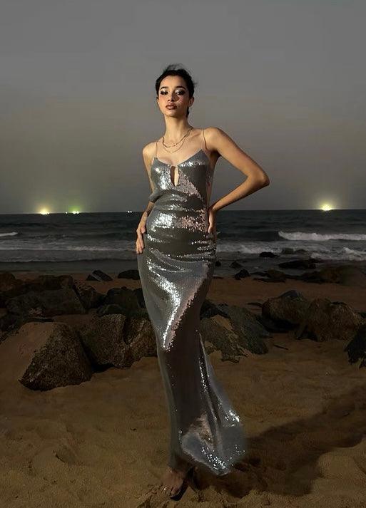 V-neck suspender dress sequined backless