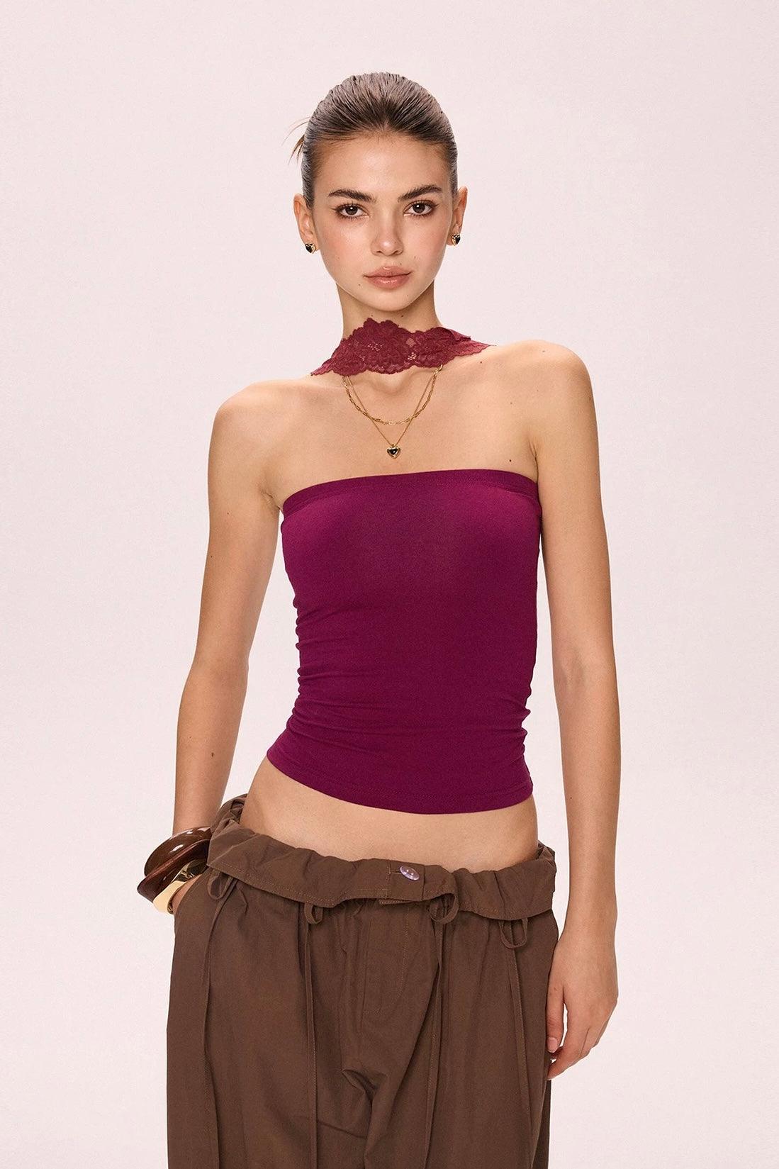 lace halterneck tube top purple
