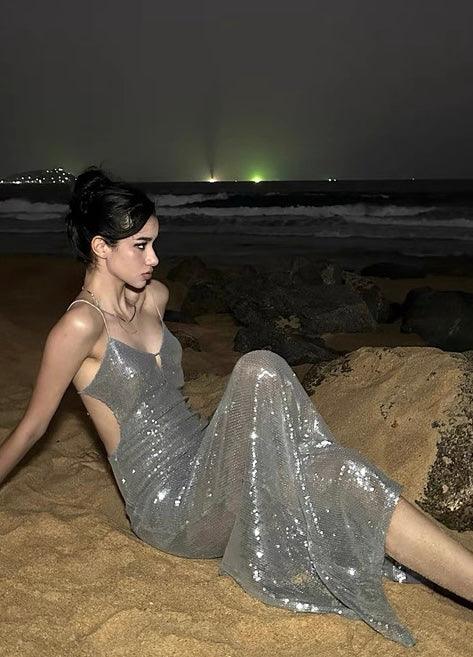 V-neck suspender dress sequined backless