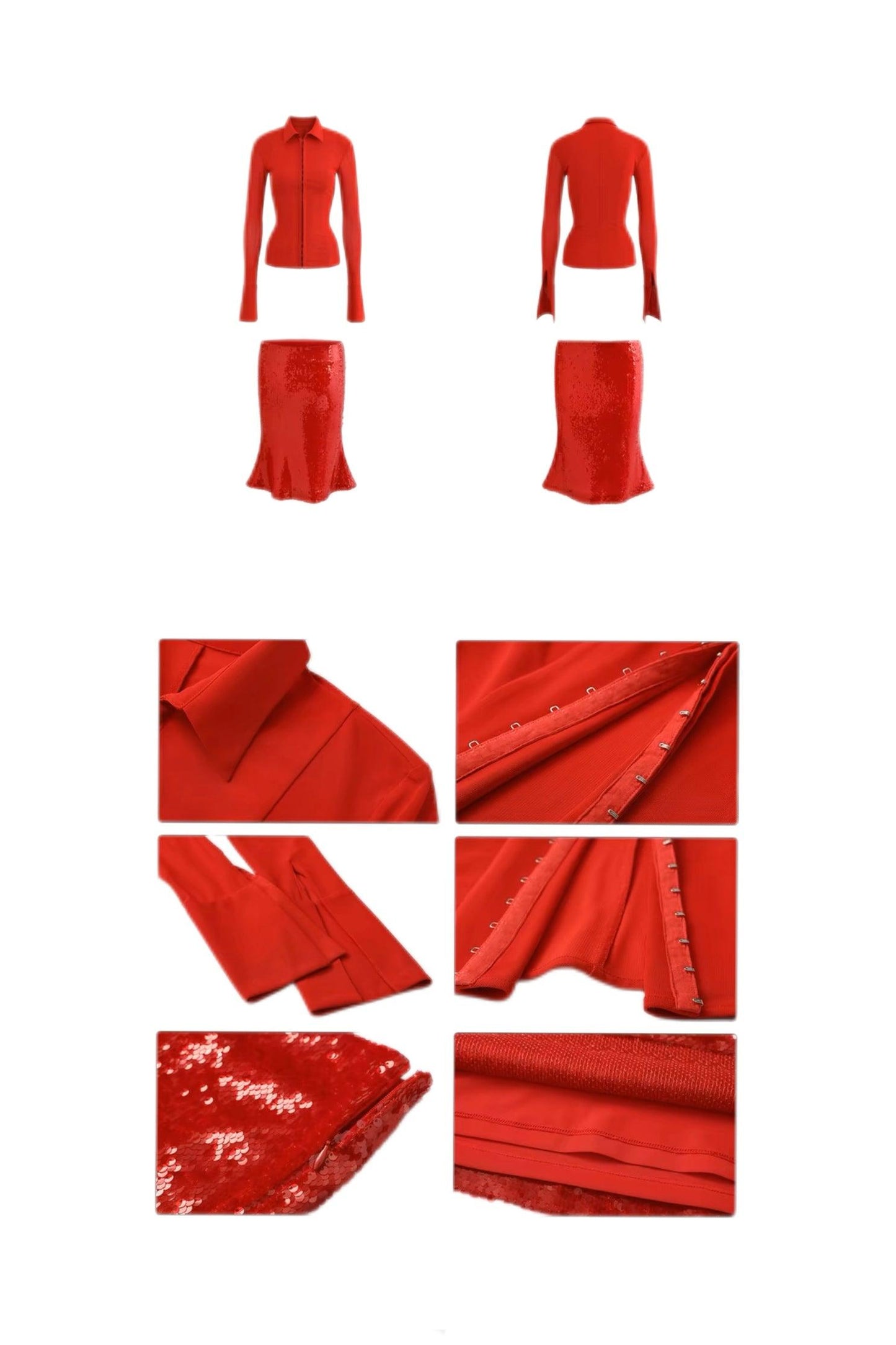 Red Slim Top Sequined Hips Fishtail Skirt Set